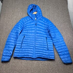 Decathlon Forclaz MT100 Down Puffer Jacket Mens XL Blue Hooded Quilted Full Zip